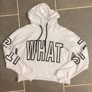 “it is what it is” white cropped tee w/ hood
